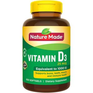 Nature Made Vitamin D3 1000 IU (25 mcg), Vitamin D Supplement for Bone, Teeth, Muscle and Immune Health Support, 100 Softgels, 100 Day Supply(650 Count (Pack of 1))