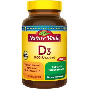 Nature Made Vitamin D3 1000 IU (25 mcg), Vitamin D Supplement for Bone, Teeth, Muscle and Immune Health Support, 300 Tablets, 300 Day Supply(300 Count (Pack of 1))