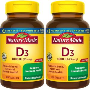 Nature Made Vitamin D3 1000 IU (25 mcg), Vitamin D Supplement for Bone, Teeth, Muscle and Immune Health Support, 300 Tablets, 300 Day Supply(300 Count (Pack of 2))