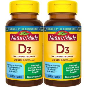 Nature Made Vitamin D3 10000 IU (250 mcg) Maximum Strength, Vitamin D Supplement for Bone and Immune Health Support, 60 Softgels, 60 Day Supply(60 Count (Pack of 2))