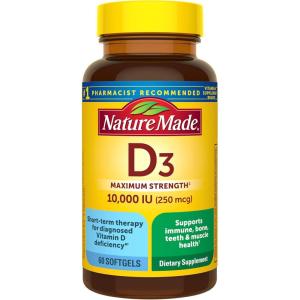 Nature Made Vitamin D3 10000 IU (250 mcg) Maximum Strength, Vitamin D Supplement for Bone and Immune Health Support, 60 Softgels, 60 Day Supply(60 Count (Pack of 1))