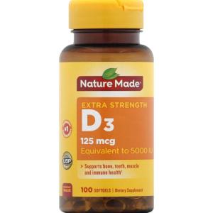 Nature Made Vitamin D3 5000 IU (125 mcg) Softgels, Extra Strength Vitamin D Supplement for Bone and Immune Health Support, 360 Count, 360 Day Supply(1 Count (Pack of 100))