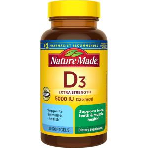 Nature Made Vitamin D3 5000 IU (125 mcg) Softgels, Extra Strength Vitamin D Supplement for Bone and Immune Health Support, 360 Count, 360 Day Supply(90 Count (Pack of 1))