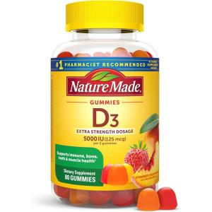Nature Made Vitamin D3 5000 IU Per Serving Gummies Extra Strength, Bone and Immune Health Support, 80 Vitamin D Gummies for Adults, 40 Day Supply(Strawberry  Peach  Mango)