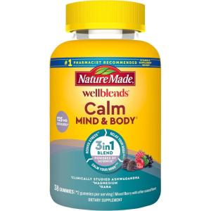 Nature Made Wellblends Calm Mind & Body, Magnesium Citrate, Ashwagandha 125mg & GABA 100mg Blend for Stress Relief, 38 Gummy Vitamins(38 Count (Pack of 1))