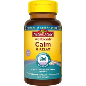 Nature Made Wellblends Calm & Relax, Ashwagandha 125mg, Magnesium 300 mg, 54 Vegetarian Capsules(54 Count (Pack of 1))