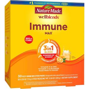 Nature Made Wellblends ImmuneMAX Fizzy Drink Mix, Vitamin C 2000mg with Zinc 20 mg, Vitamin D3 1000 IU (25 mcg), plus Seven B Vitamins and Electrolyte Hydration Blend, 30 Stick Packs(1.88 Pound (Pack of 1))