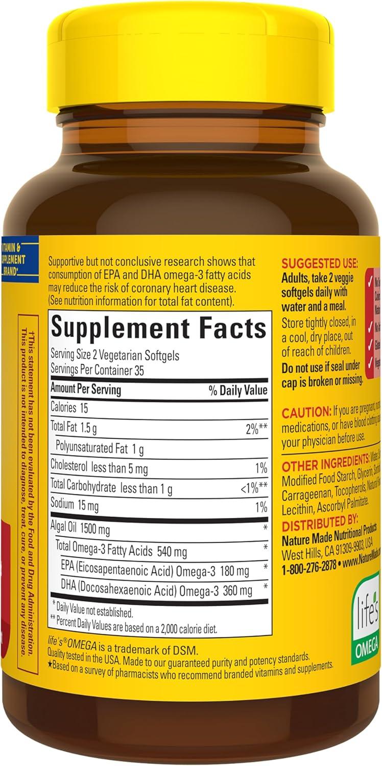 image:imageNature Made Algae Oil Omega 3 Supplement 540mg Omega 3 Fish Oil Alternative 70 Veggie Softgels Sustainable PlantBased for Healthy Heart Brain and Eye Support 70 Softgels70 Count Pack of 1