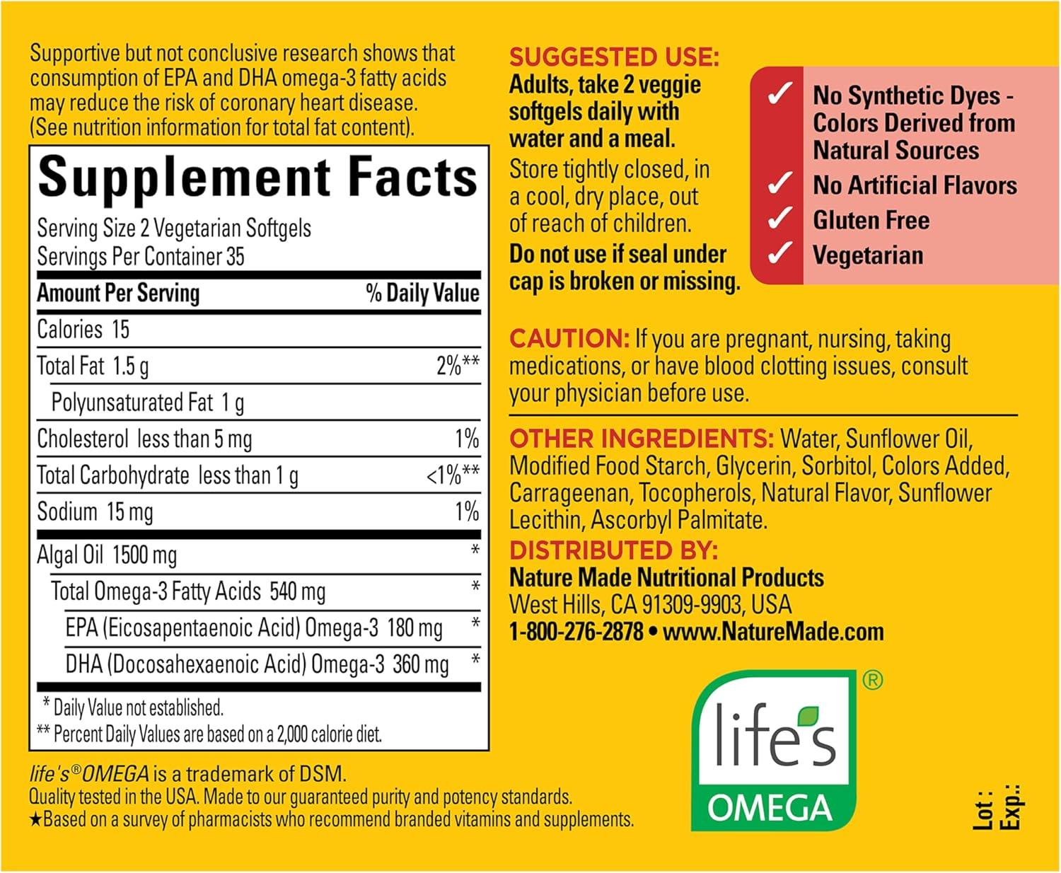 image:imageNature Made Algae Oil Omega 3 Supplement 540mg Omega 3 Fish Oil Alternative 70 Veggie Softgels Sustainable PlantBased for Healthy Heart Brain and Eye Support 70 Softgels70 Count Pack of 1