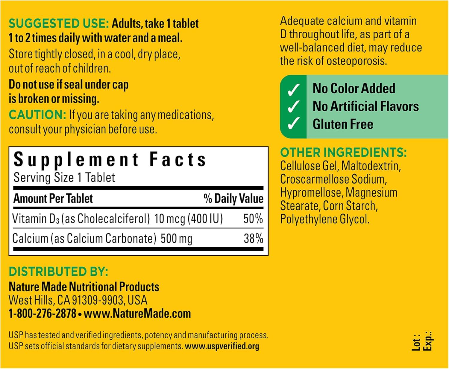 image:imageNature Made Calcium 500 mg with Vitamin D3 Calcium and Vitamin D Supplement for Bone Support 130 TabletsUnflavored