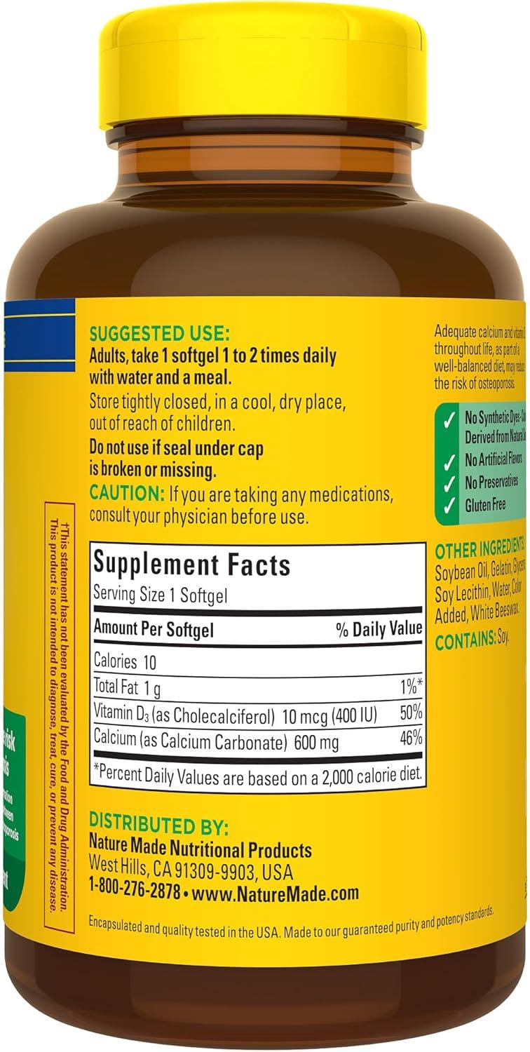 image:imageNature Made Calcium 600 mg with Vitamin D3 Dietary Calcium Supplement for Bone Support 100 Softgels