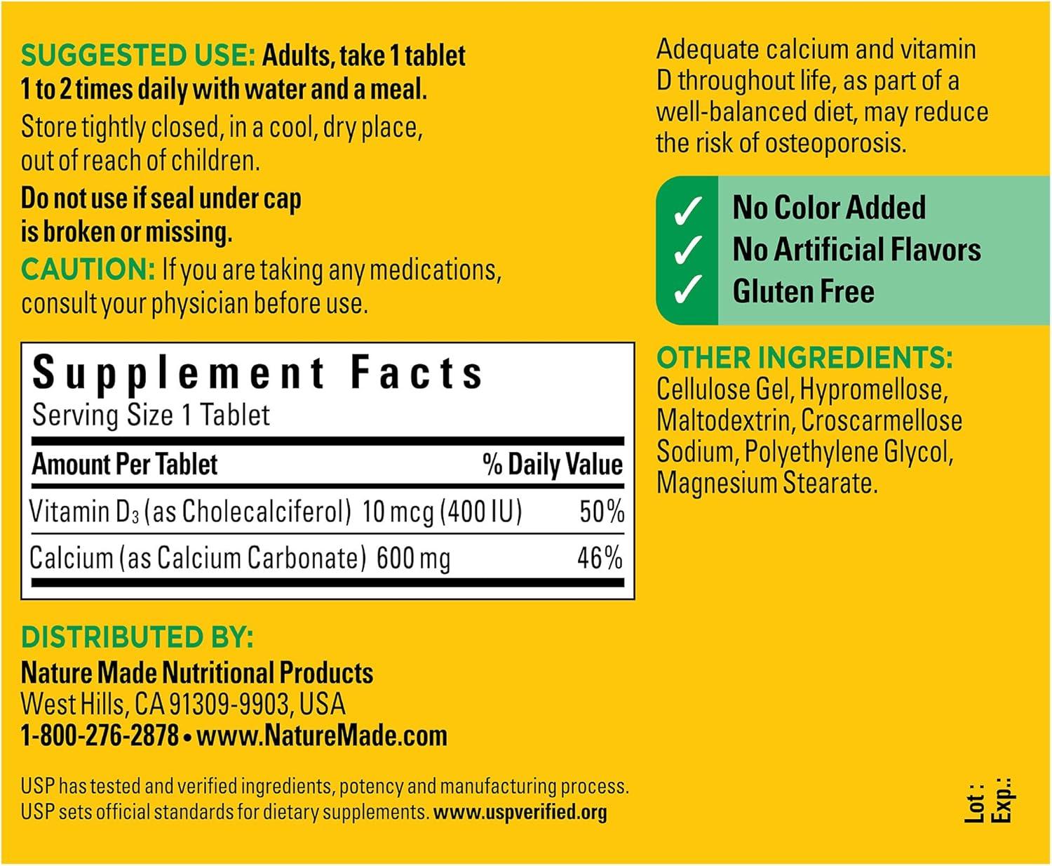 image:imageNature Made Calcium 600 mg with Vitamin D3 Dietary Supplement for Bone Support Calcium Supplement for Bone Health 60 TabletsUnflavored