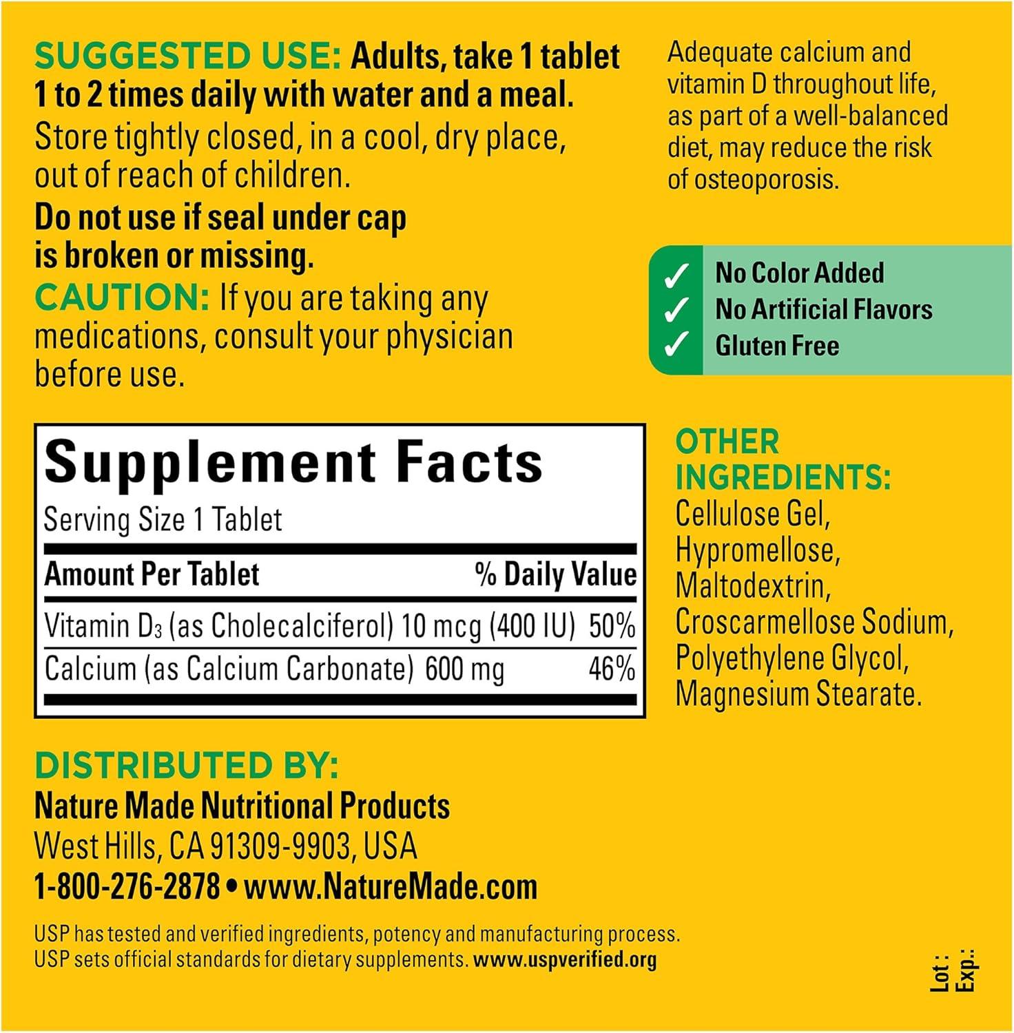 image:imageNature Made Calcium 600 mg with Vitamin D3 Dietary Supplement for Bone Support Calcium Supplement for Bone Health 60 TabletsUnflavored