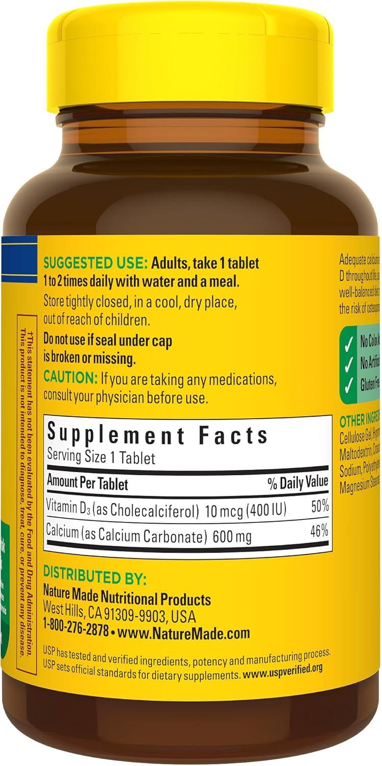 image:imageNature Made Calcium 600 mg with Vitamin D3 Dietary Supplement for Bone Support Calcium Supplement for Bone Health 60 TabletsUnflavored
