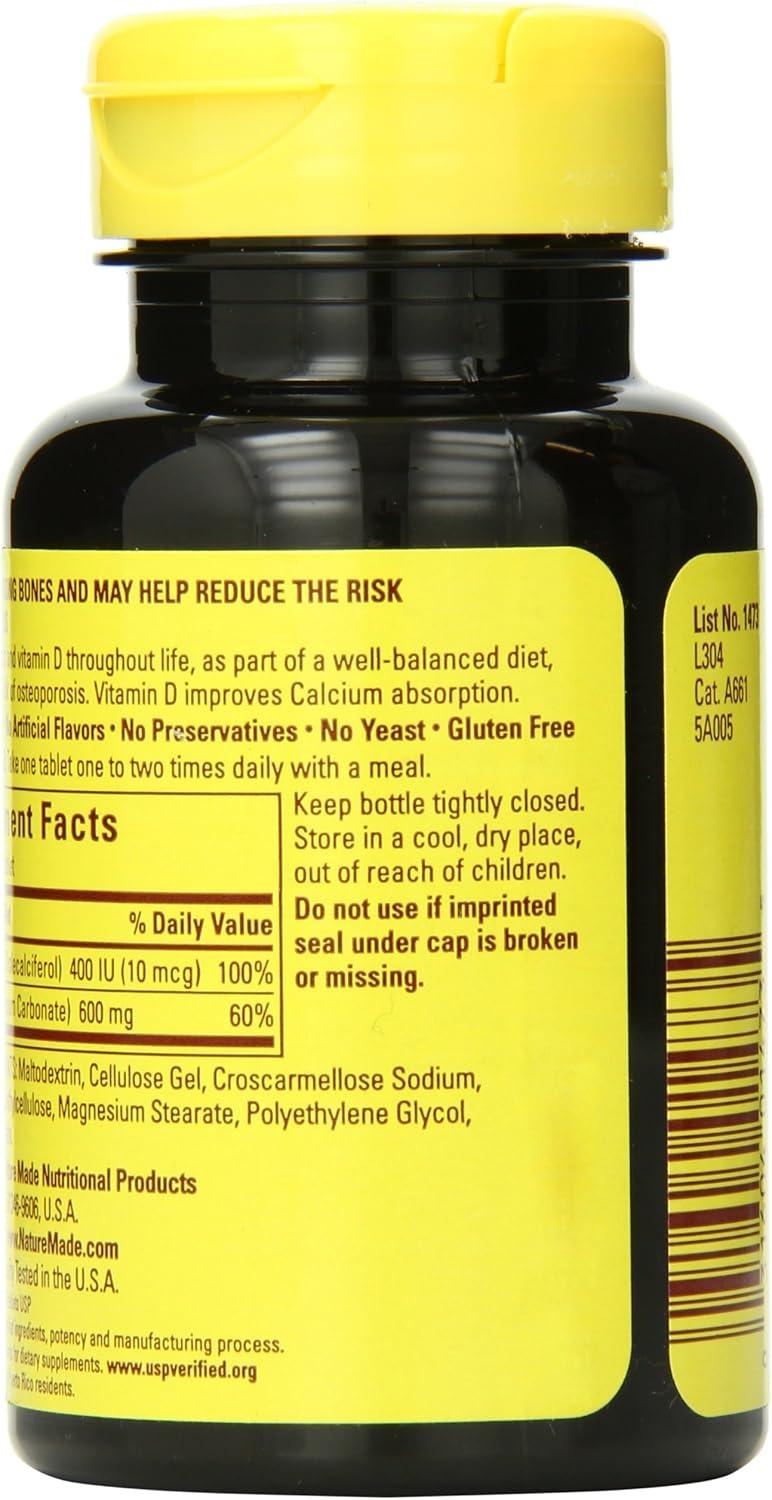 image:imageNature Made Calcium 600 mg with Vitamin D3 Dietary Supplement for Bone Support Calcium Supplement for Bone Health 60 TabletsUnflavored