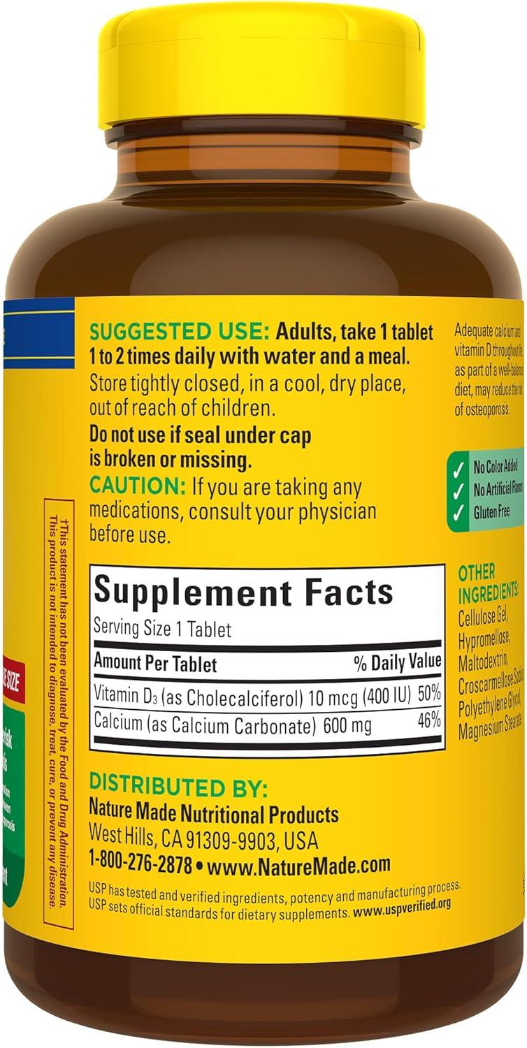 image:imageNature Made Calcium 600 mg with Vitamin D3 Dietary Supplement for Bone Support Calcium Supplement for Bone Health 60 TabletsUnflavored