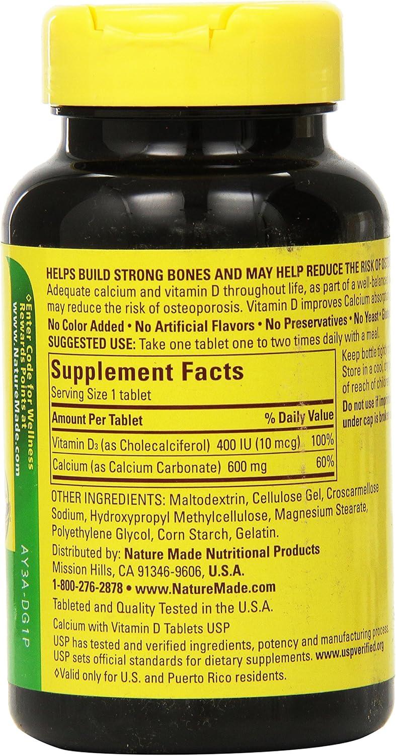 image:imageNature Made Calcium 600 mg with Vitamin D3 Dietary Supplement for Bone Support Calcium Supplement for Bone Health 60 TabletsUnflavored