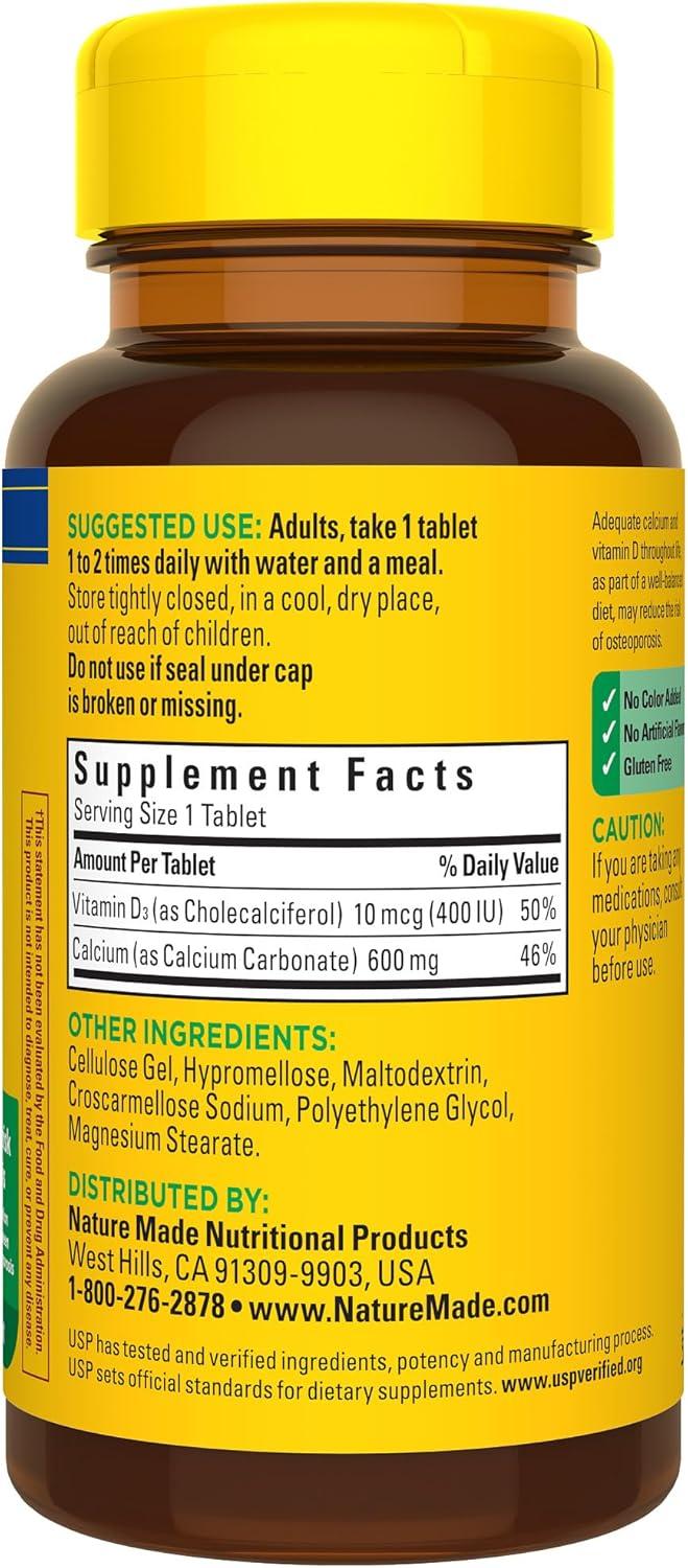 image:imageNature Made Calcium 600 mg with Vitamin D3 Dietary Supplement for Bone Support Calcium Supplement for Bone Health 60 TabletsUnflavored