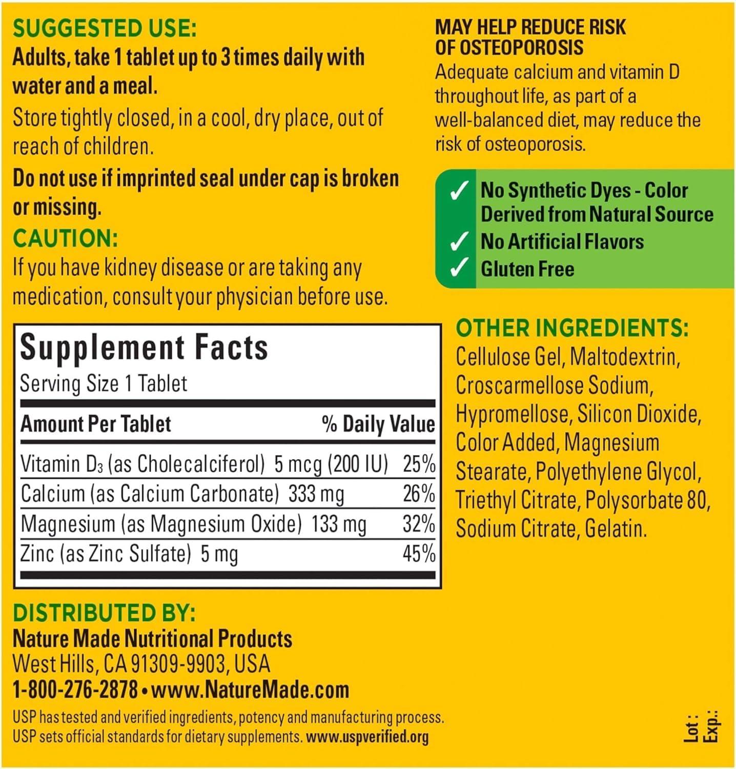 image:imageNature Made Calcium Magnesium Zinc with Vitamin D3 Dietary Calcium Supplement for Bone Support 300 TabletsUnflavored