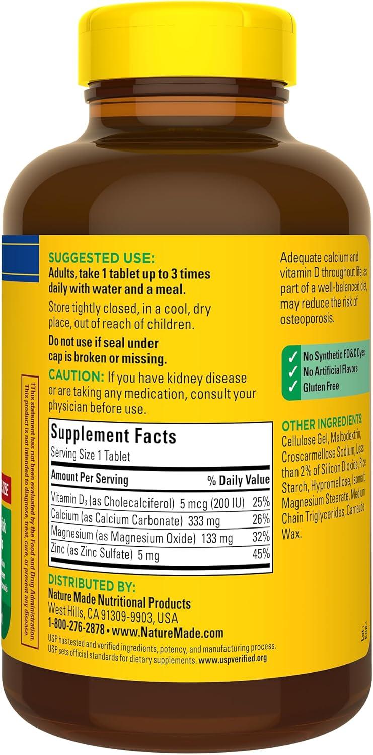 image:imageNature Made Calcium Magnesium Zinc with Vitamin D3 Dietary Calcium Supplement for Bone Support 300 TabletsUnflavored