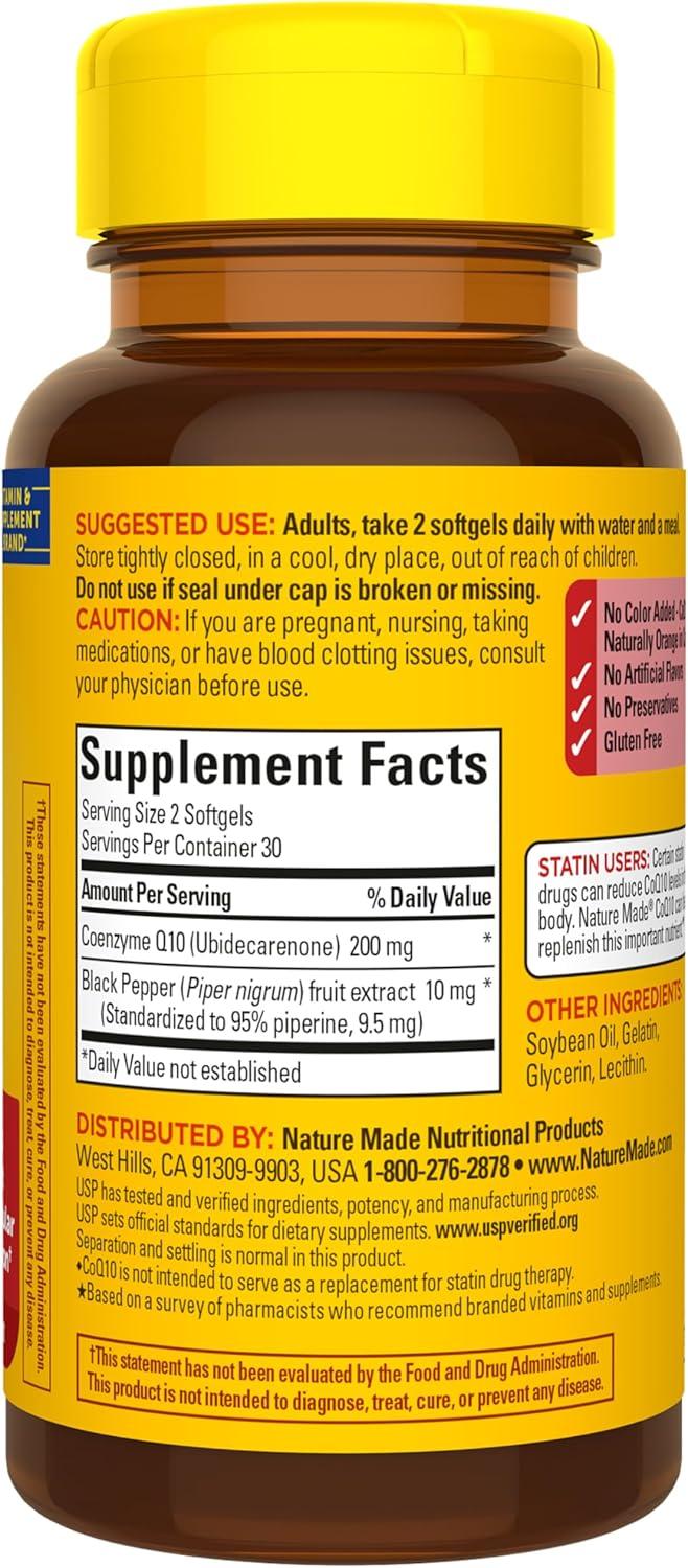 image:imageNature Made CoQ10 200mg per Serving with Black Pepper Extract for Enhanced Nutrient Absorption CoQ10 Supplement for Heart Health Support 60 Softgels 30 Day Supply
