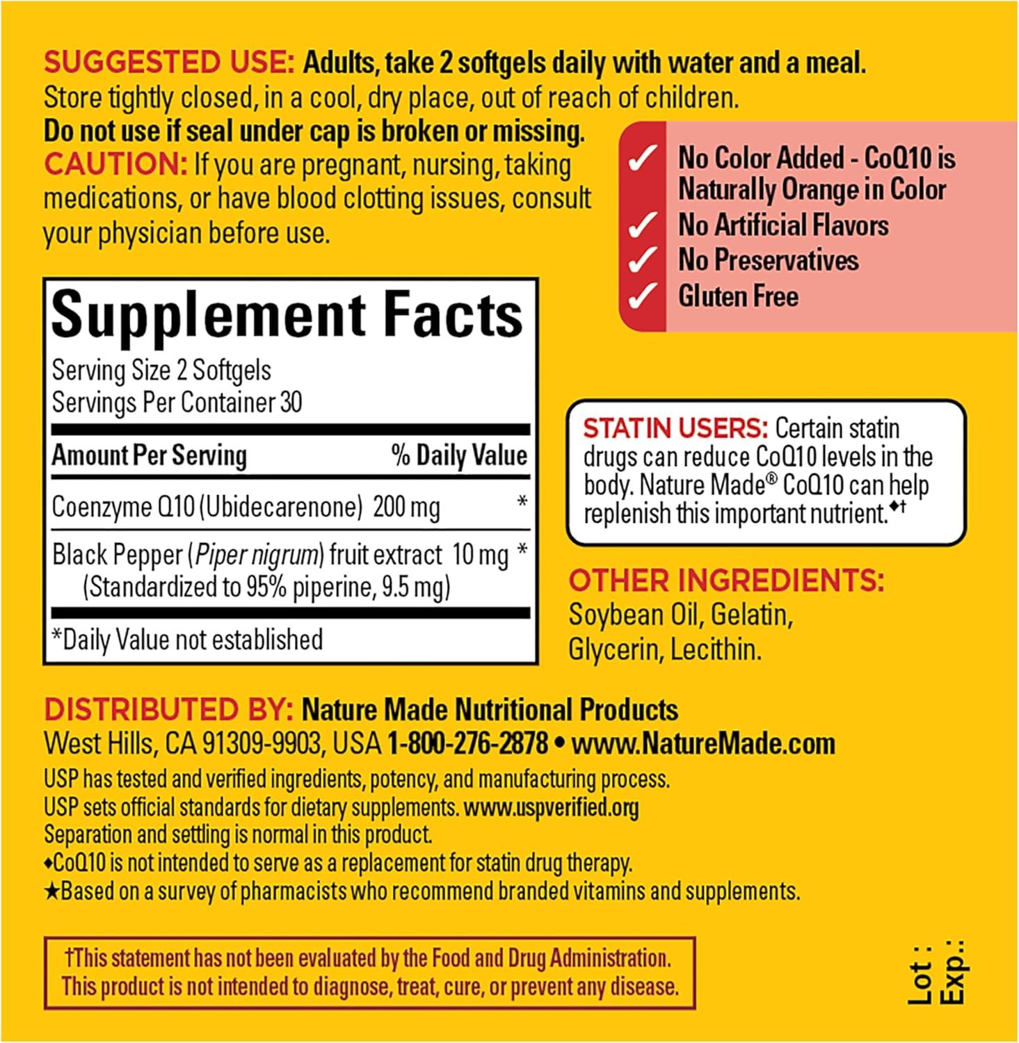 image:imageNature Made CoQ10 200mg per Serving with Black Pepper Extract for Enhanced Nutrient Absorption CoQ10 Supplement for Heart Health Support 60 Softgels 30 Day Supply