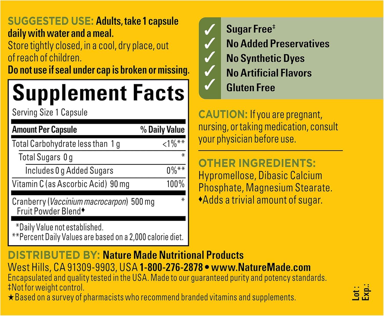 image:imageNature Made Cranberry Supplement 500mg with Vitamin C for Immune amp Antioxidant Support Cranberry Blend for Urinary Tract Health One Per Day 60 Capsules