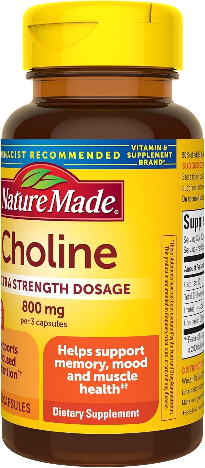 image:imageNature Made Extra Strength Dosage Choline Supplements 800 Mg Per 3 Capsules Brain Health Mood Muscle amp Liver Support Vegetarian 60 Capsules 20 Day Supply