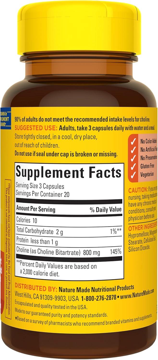 image:imageNature Made Extra Strength Dosage Choline Supplements 800 Mg Per 3 Capsules Brain Health Mood Muscle amp Liver Support Vegetarian 60 Capsules 20 Day Supply