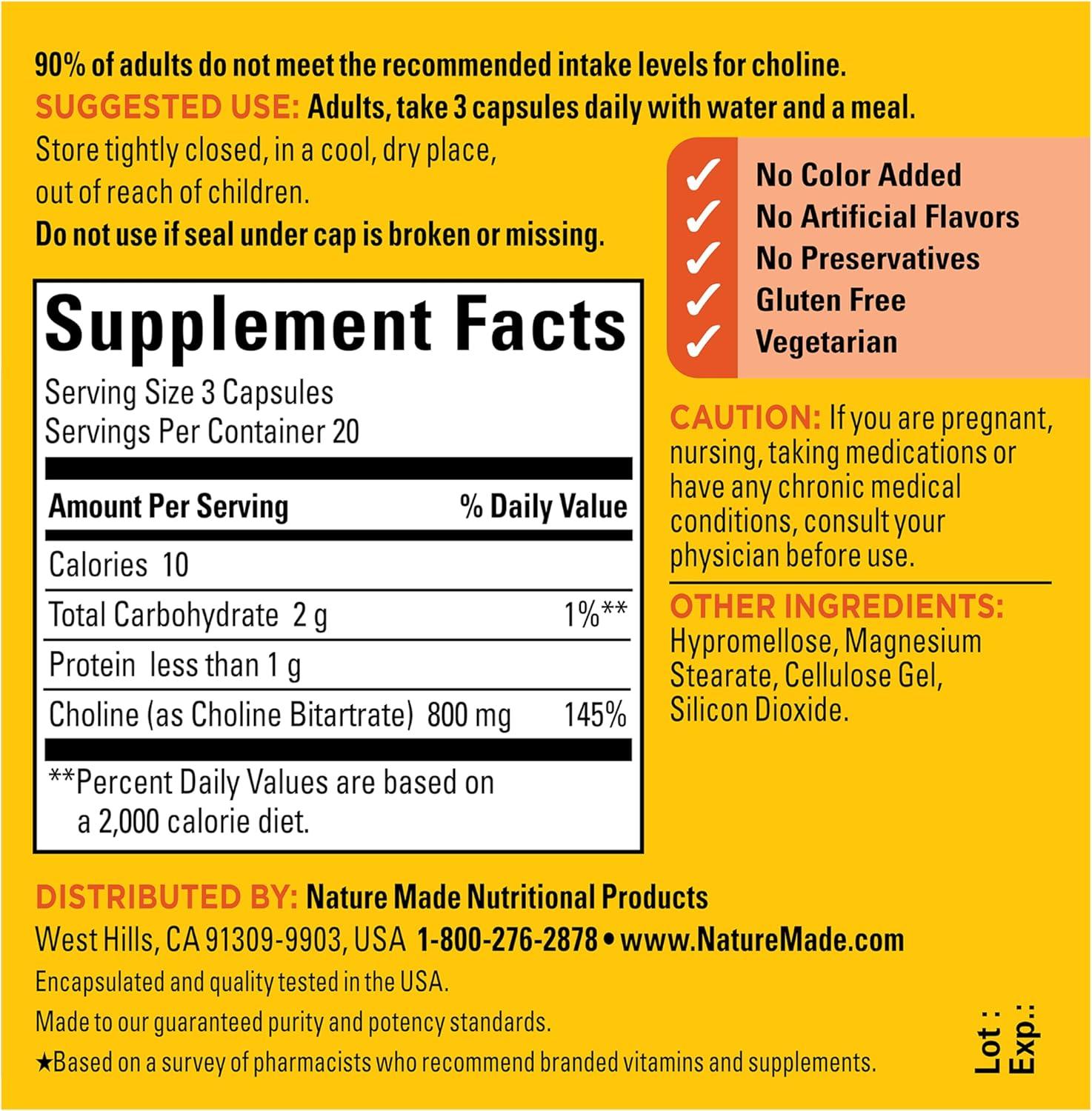 image:imageNature Made Extra Strength Dosage Choline Supplements 800 Mg Per 3 Capsules Brain Health Mood Muscle amp Liver Support Vegetarian 60 Capsules 20 Day Supply