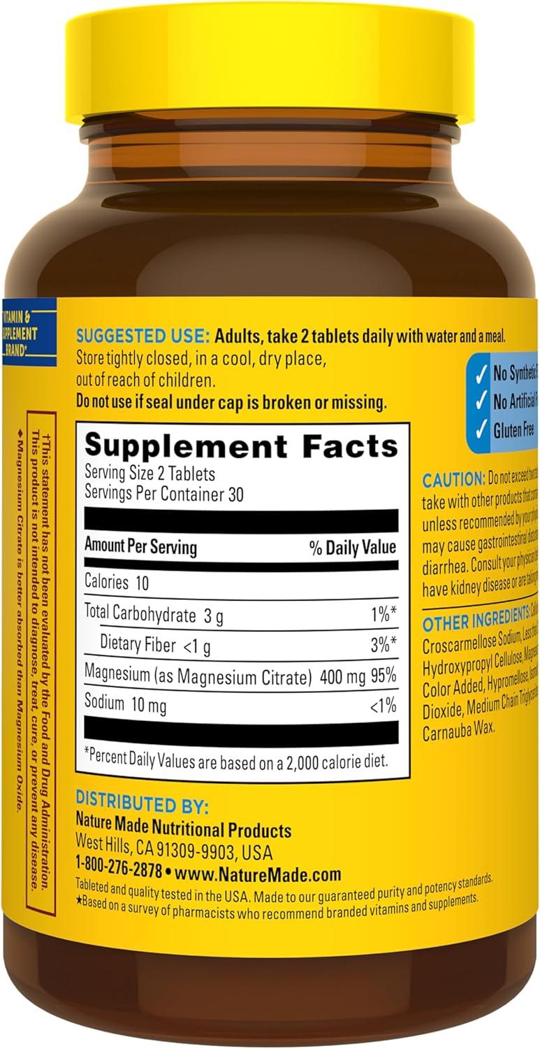 image:imageNature Made Extra Strength Dosage Magnesium Citrate Tablets High Absorption Magnesium Citrate 400mg Per Serving Bone and Muscle Support 60 Tablets 30 Day Supply