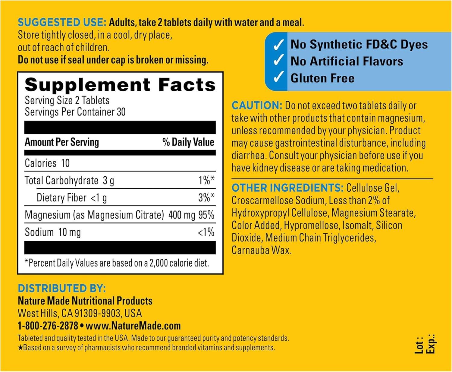 image:imageNature Made Extra Strength Dosage Magnesium Citrate Tablets High Absorption Magnesium Citrate 400mg Per Serving Bone and Muscle Support 60 Tablets 30 Day Supply