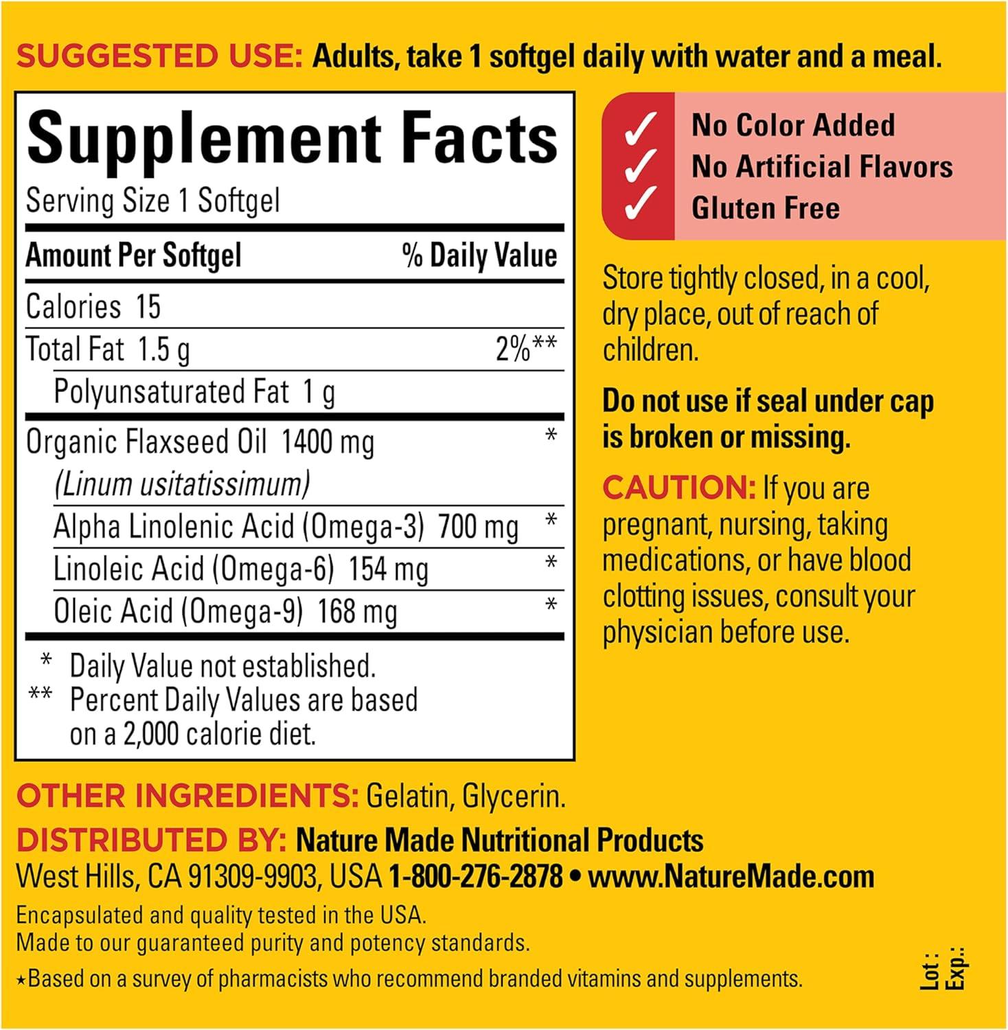 image:imageNature Made Extra Strength Flaxseed Oil 1400 mg Fish Free Omega 3 Supplement Dietary Supplement for Heart Health Support 100 Softgels 100 Day Supply100 Count Pack of 1