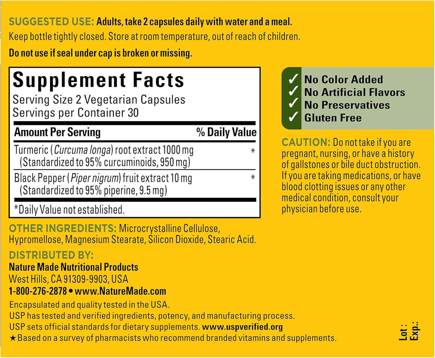 image:imageNature Made Extra Strength Turmeric Curcumin with Black Pepper 1000mg Turmeric Extract per serving Standardized to 95 Curcuminoids Supports Healthy Inflammation Response 60 Vegetarian Capsules60 Count Pack of 1