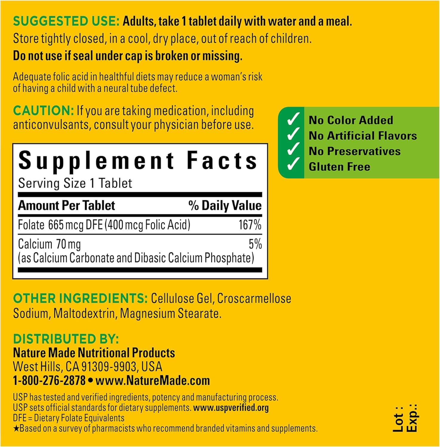 image:imageNature Made Folic Acid 400 mcg 665 mcg DFE Dietary Supplement for Nervous System Function Folic Acid Supplements for Women and Men 250 Tablets 250 Day Supply250 Count Pack of 1