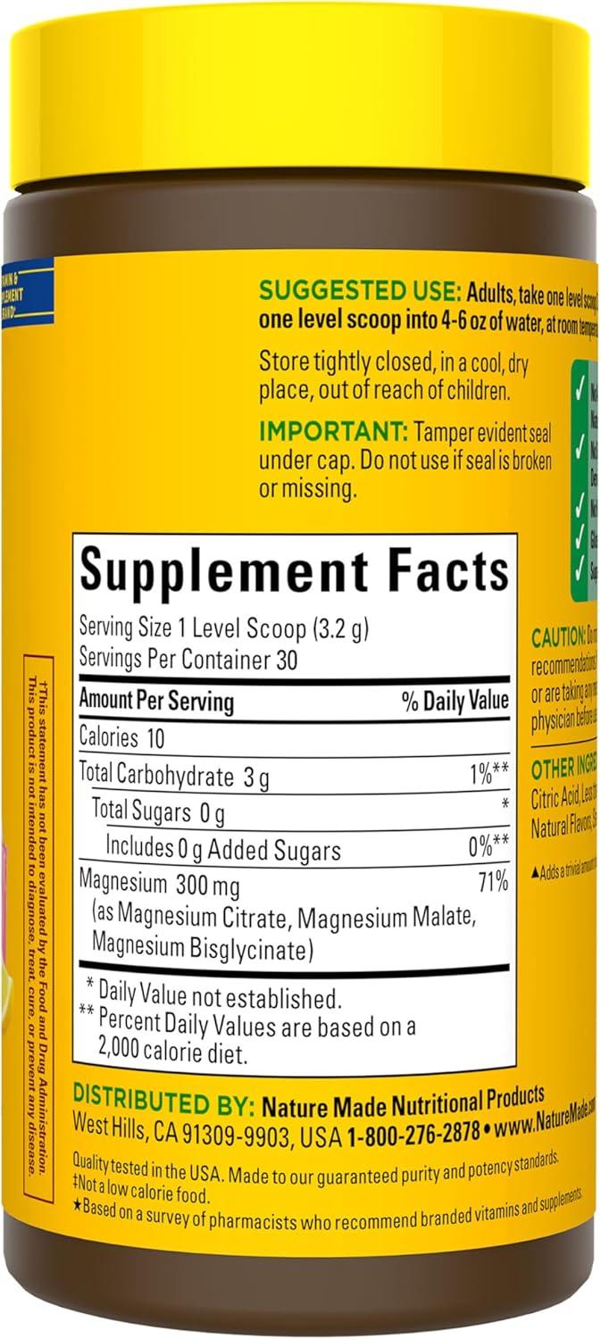 image:imageNature Made High Absorption Magnesium Complex Drink Mix Powder Magnesium Citrate Glycinate amp Malate 3in1 Blend Pink Lemonade Flavor 96 g 30 Day Supply