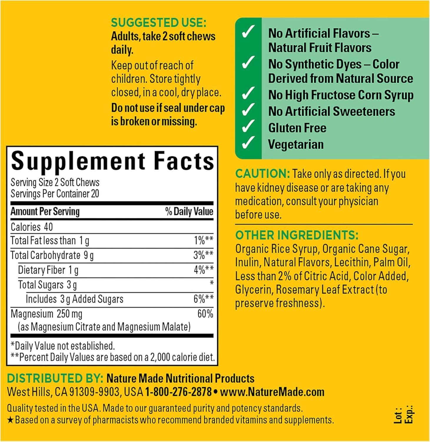 image:imageNature Made High Absorption Magnesium Complex Soft Chews Magnesium Supplement for Muscle Heart Bone Support Magnesium Citrate amp Malate Blend 250 mg per Serving 40 Vegetarian Chews 20 Day Supply40 Count Pack of 1