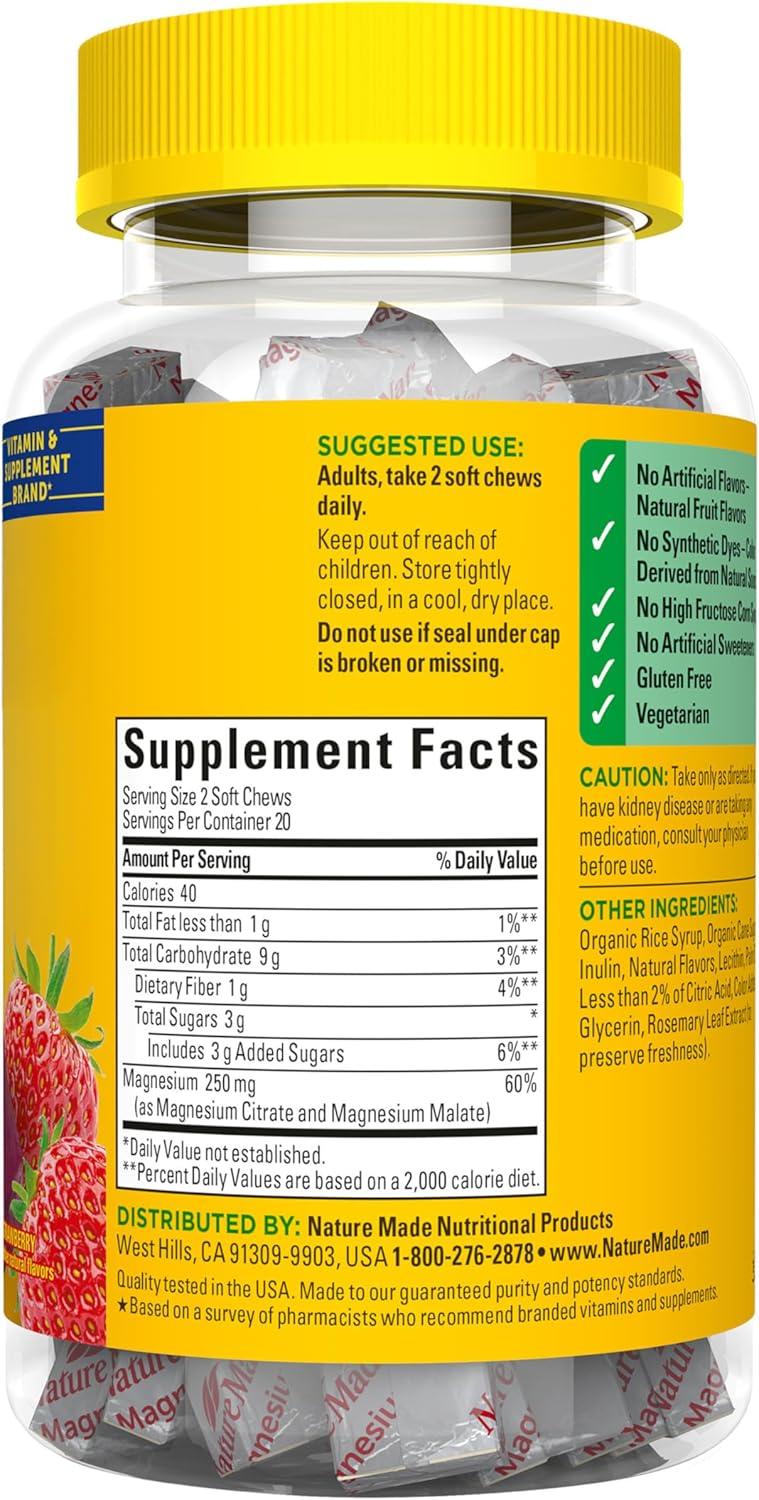 image:imageNature Made High Absorption Magnesium Complex Soft Chews Magnesium Supplement for Muscle Heart Bone Support Magnesium Citrate amp Malate Blend 250 mg per Serving 40 Vegetarian Chews 20 Day Supply40 Count Pack of 1