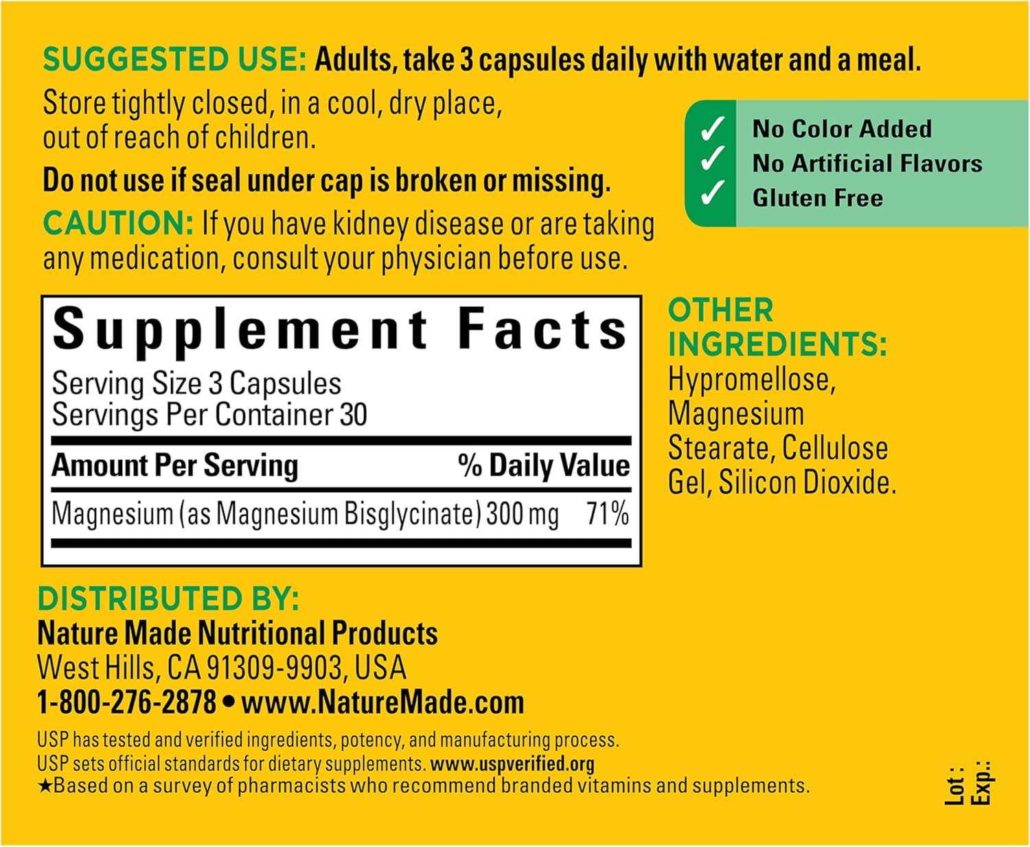 image:imageNature Made High Absorption Magnesium Glycinate 300mg per 3 Capsules Magnesium Supplement for Muscle Heart Nerve and Bone Support 90 Magnesium Bisglycinate Capsules 30 Day Supply90 Count Pack of 1