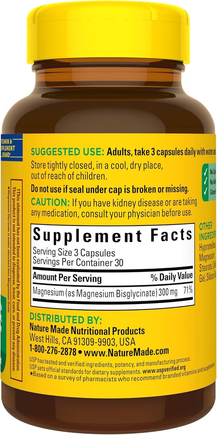 image:imageNature Made High Absorption Magnesium Glycinate 300mg per 3 Capsules Magnesium Supplement for Muscle Heart Nerve and Bone Support 90 Magnesium Bisglycinate Capsules 30 Day Supply90 Count Pack of 1