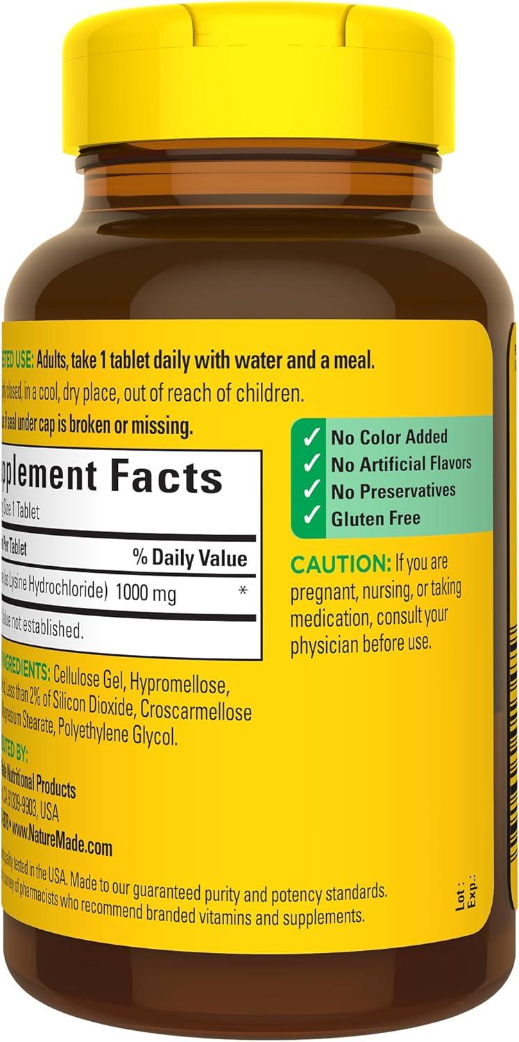 image:imageNature Made LLysine 1000 mg Dietary LLysine Supplements 60 Tablets 60 Day Supply60 Count Pack of 1