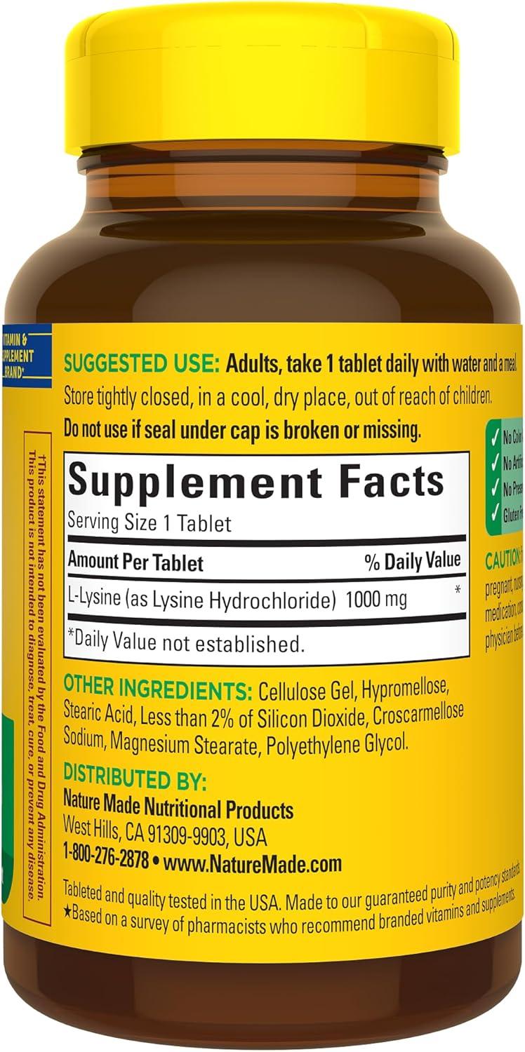image:imageNature Made LLysine 1000 mg Dietary LLysine Supplements 60 Tablets 60 Day Supply60 Count Pack of 1