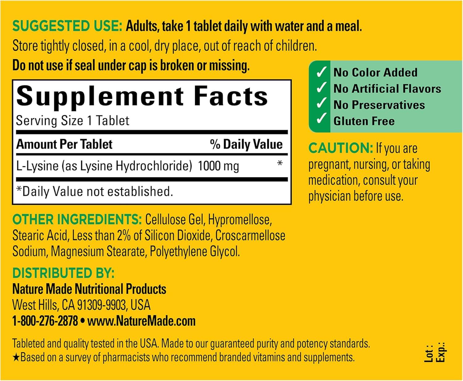 image:imageNature Made LLysine 1000 mg Dietary LLysine Supplements 60 Tablets 60 Day Supply60 Count Pack of 1