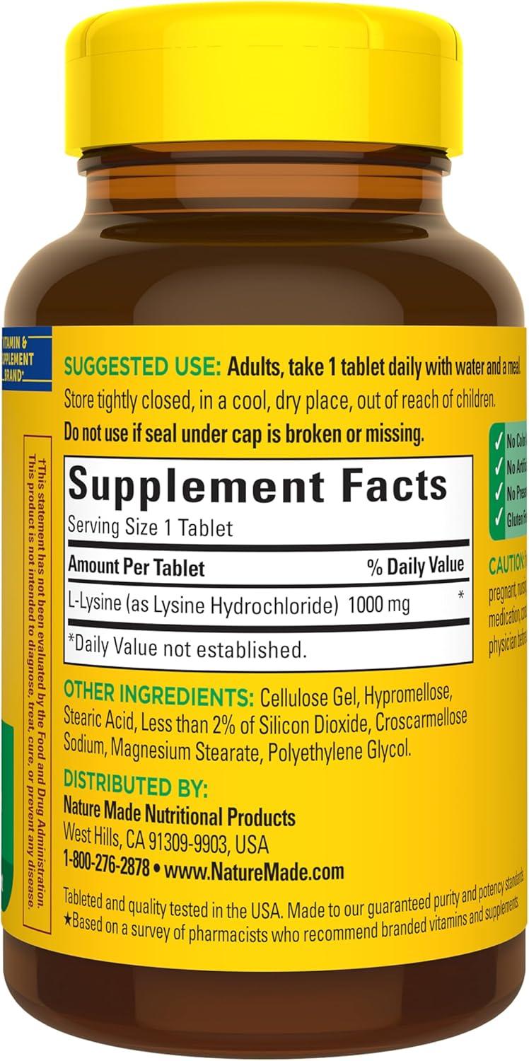 image:imageNature Made LLysine 1000 mg Dietary LLysine Supplements 60 Tablets 60 Day Supply60 Count Pack of 1