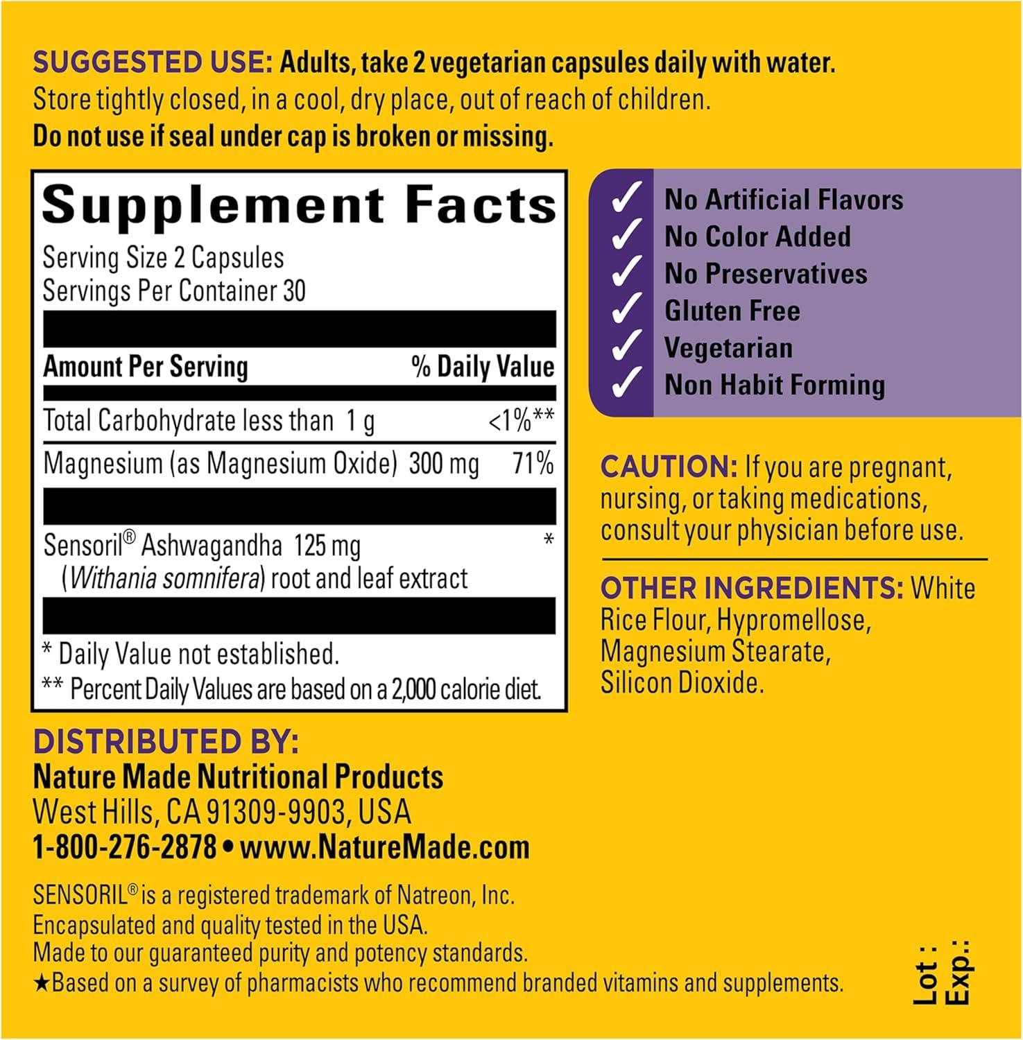 image:imageNature Made Magnesium Ashwagandha Capsules Stress Relief and Sleep Support Magnesium 300 mg and Ashwagandha Supplements 60 Capsules 30 Day Supply