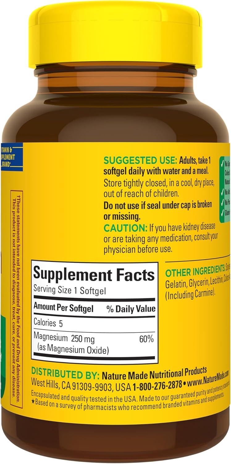 image:imageNature Made Magnesium 250 mg Magnesium Supplements for Men and Women Support for Muscle Heart Bone and Nerve Health 90 Softgels 90 Day Supply90 Count Pack of 1