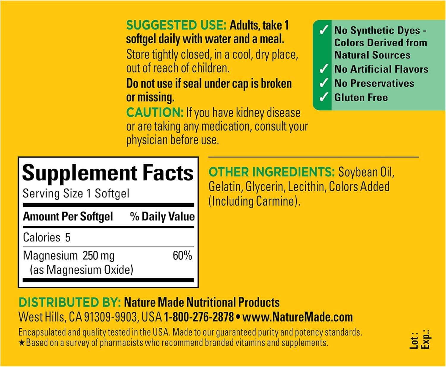 image:imageNature Made Magnesium 250 mg Magnesium Supplements for Men and Women Support for Muscle Heart Bone and Nerve Health 90 Softgels 90 Day Supply90 Count Pack of 1