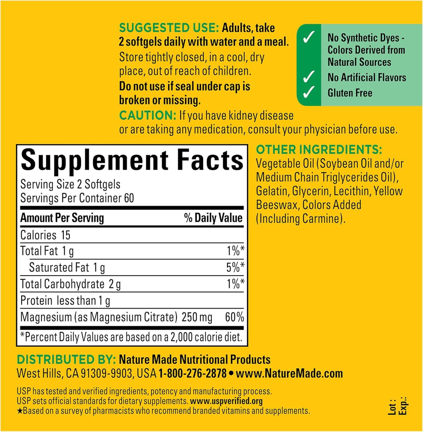 image:imageNature Made Magnesium Citrate 250 mg per serving Magnesium Supplements for Men and Women Supports Muscle Nerve Bone and Heart 60 Softgels 30 Day Supply120 Count Pack of 1