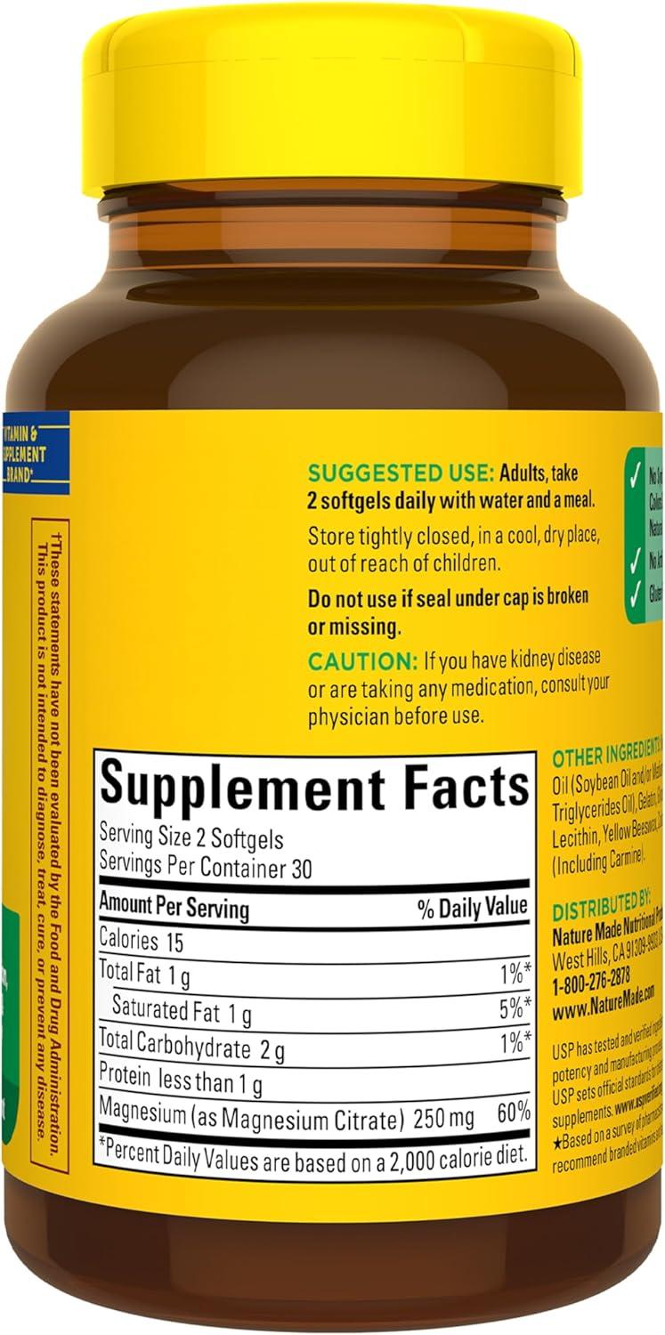 image:imageNature Made Magnesium Citrate 250 mg per serving Magnesium Supplements for Men and Women Supports Muscle Nerve Bone and Heart 60 Softgels 30 Day Supply60 Count Pack of 1