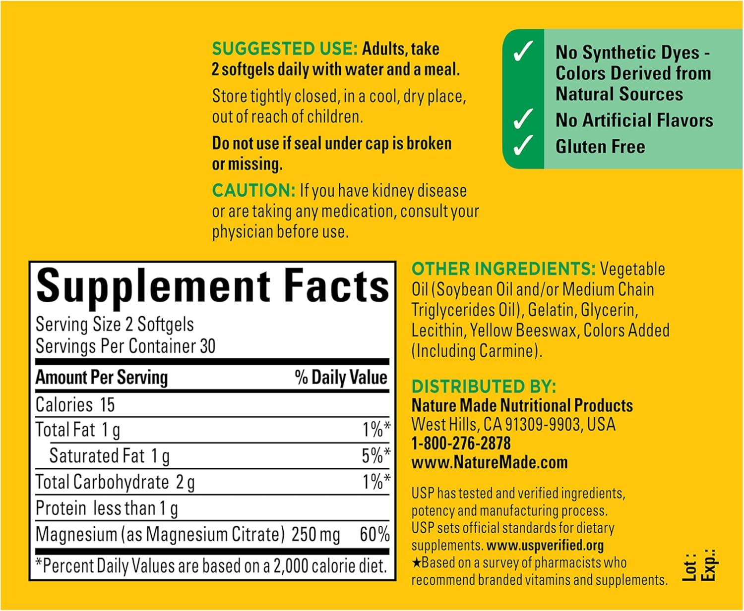 image:imageNature Made Magnesium Citrate 250 mg per serving Magnesium Supplements for Men and Women Supports Muscle Nerve Bone and Heart 60 Softgels 30 Day Supply60 Count Pack of 1
